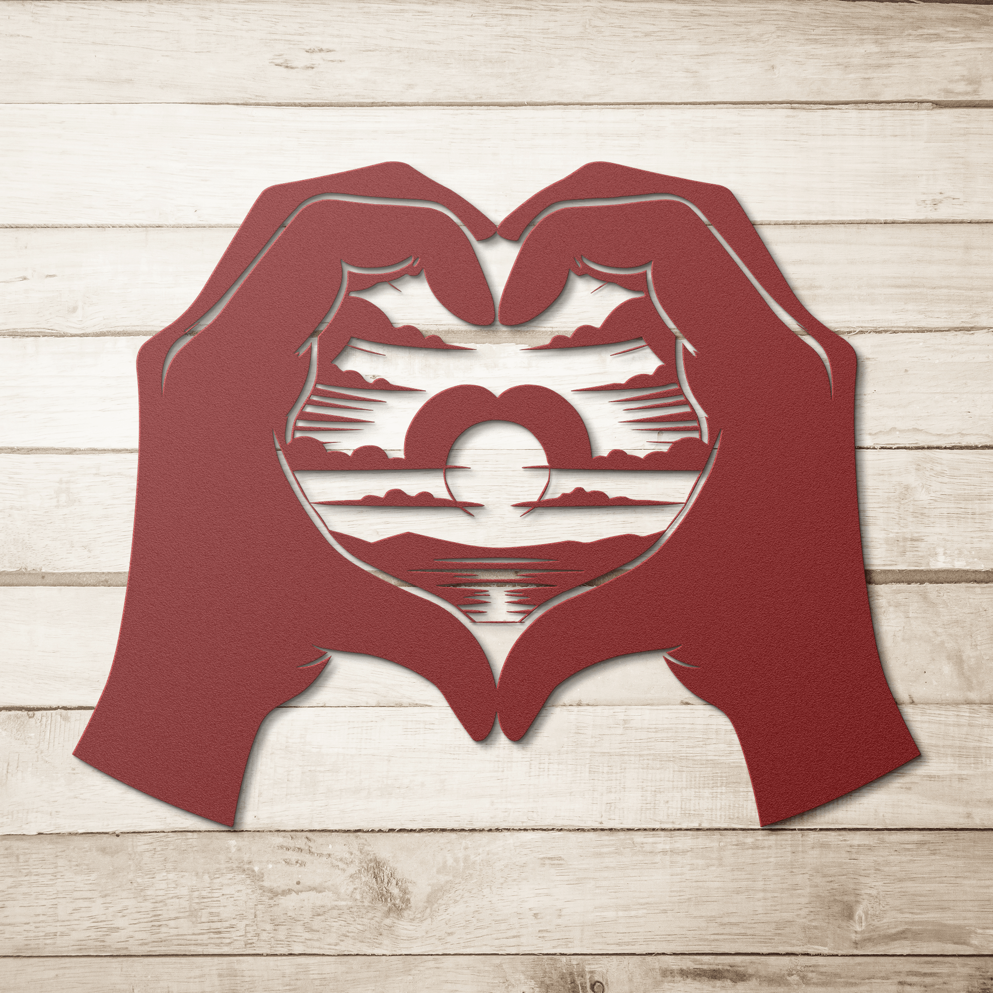 Sunset in Hands of a Heart Metal Sign - Cool Metal Signs