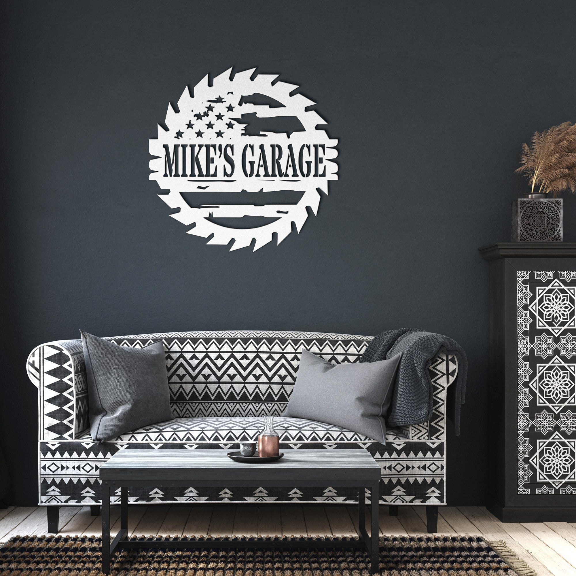 Personalized Garage Saw Sign with American Flag - Cool Metal Signs