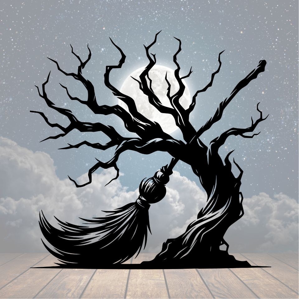 Witchy Broom Tree Metal Sign - Cool Metal Signs