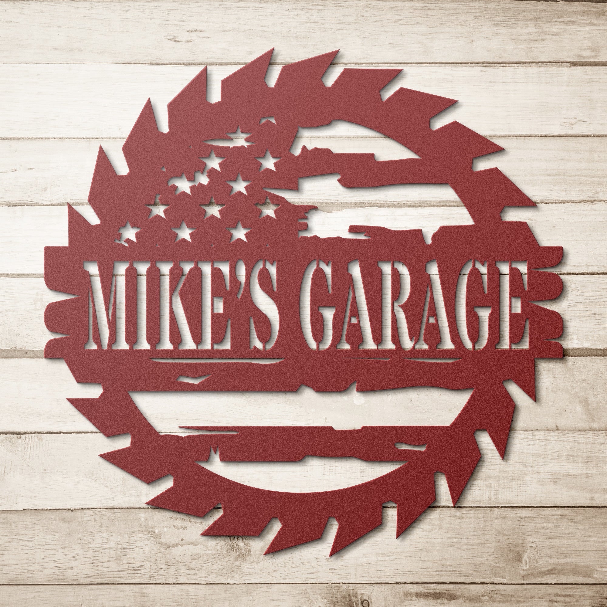 Personalized Garage Saw Sign with American Flag - Cool Metal Signs