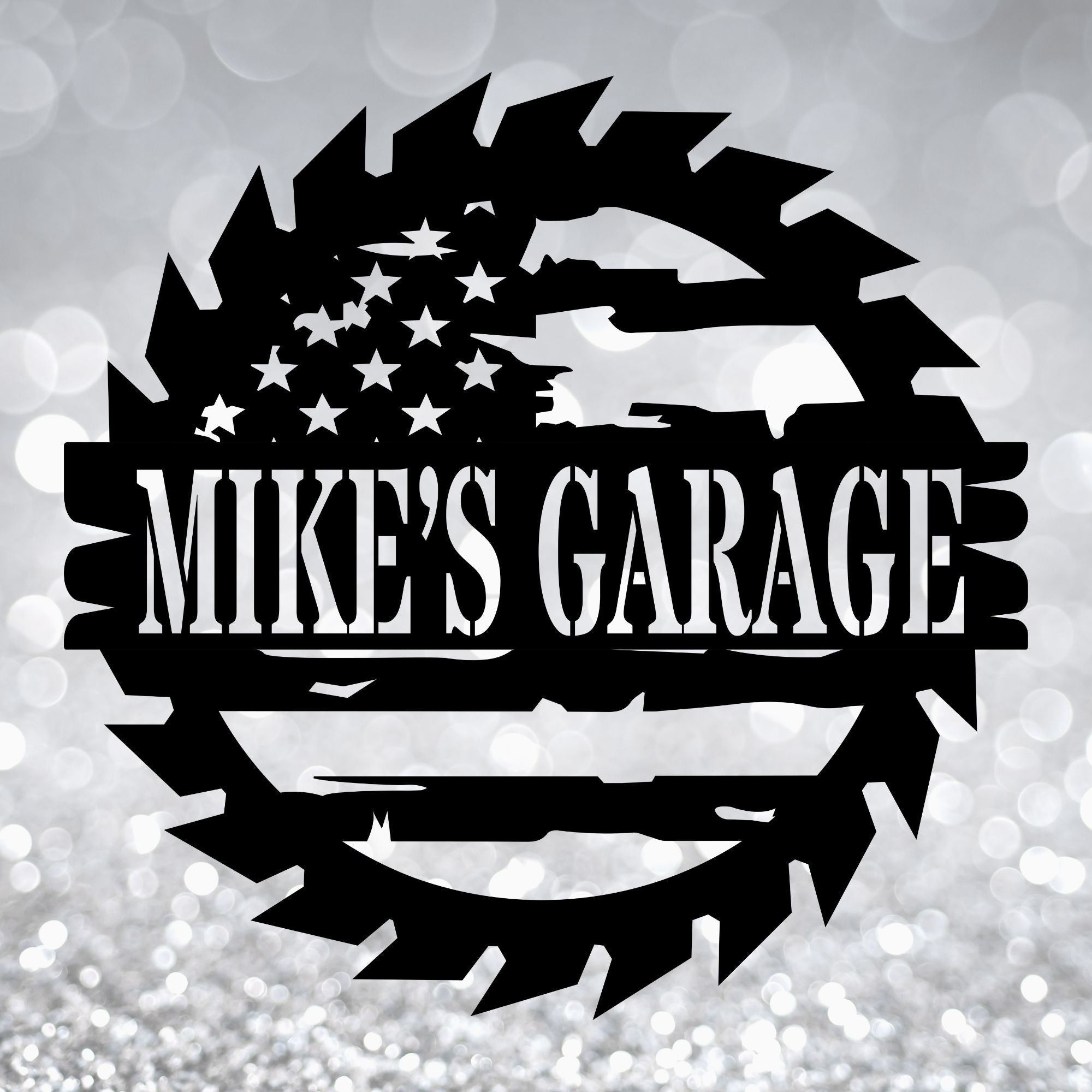 Personalized Garage Saw Sign with American Flag - Cool Metal Signs